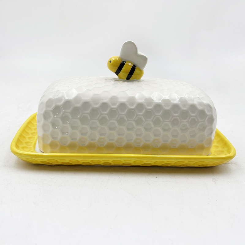 Porcelaine colorée conserveur de beurre plateau de beurre avec couvercle plaque blanche avec couverture d'abeille plateau en céramique couleur personnalisée
