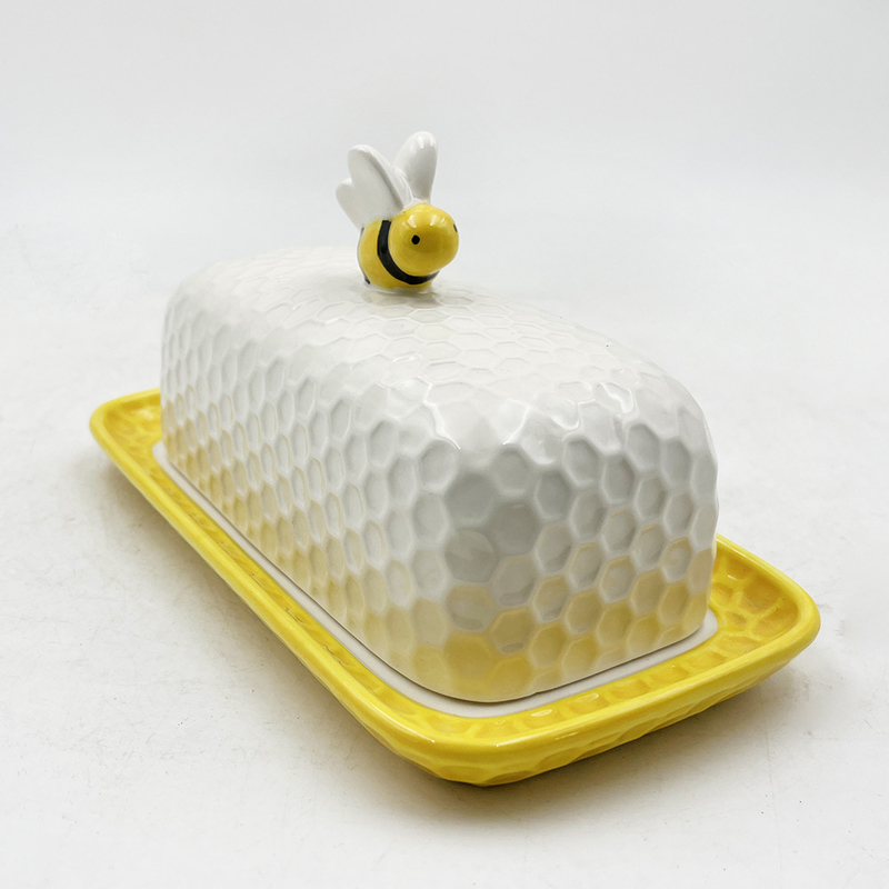 Porcelaine colorée conserveur de beurre plateau de beurre avec couvercle plaque blanche avec couverture d'abeille plateau en céramique couleur personnalisée