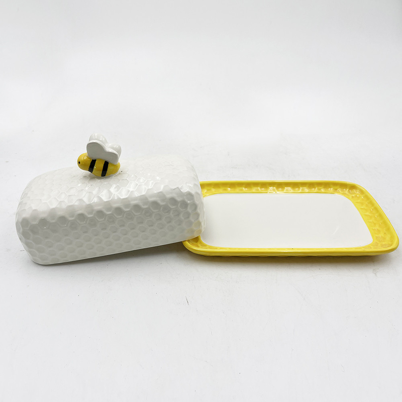 Porcelaine colorée conserveur de beurre plateau de beurre avec couvercle plaque blanche avec couverture d'abeille plateau en céramique couleur personnalisée