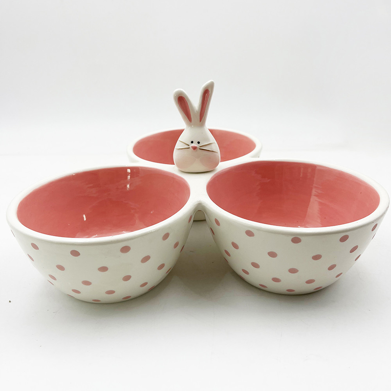 Classique rose Cute Matériau céramique Tri Partie Servant Bowl Lapin stupide avec poignée de lapin