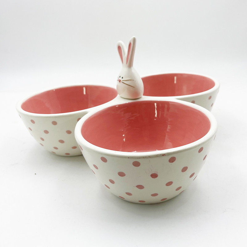 Classique rose Cute Matériau céramique Tri Partie Servant Bowl Lapin stupide avec poignée de lapin
