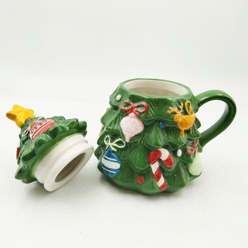 Coupe d'arbre de Noël vert mignonne tasse de Noël en céramique avec couvercle pour cadeaux Décoration de la maison