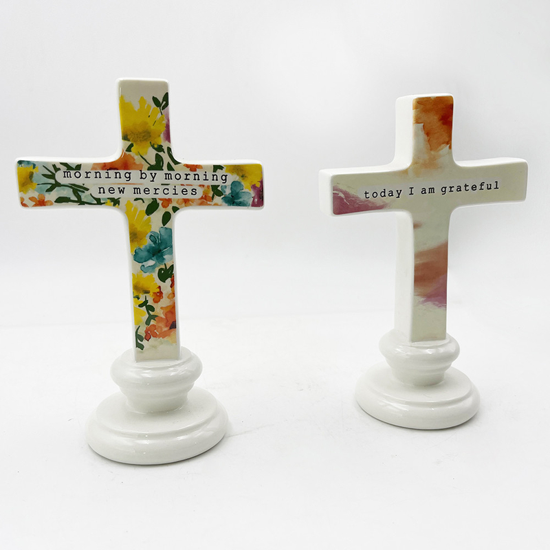 Matériau en céramique solide Artisanat sculpture debout pour table Ornement d'autel Croix avec des mots