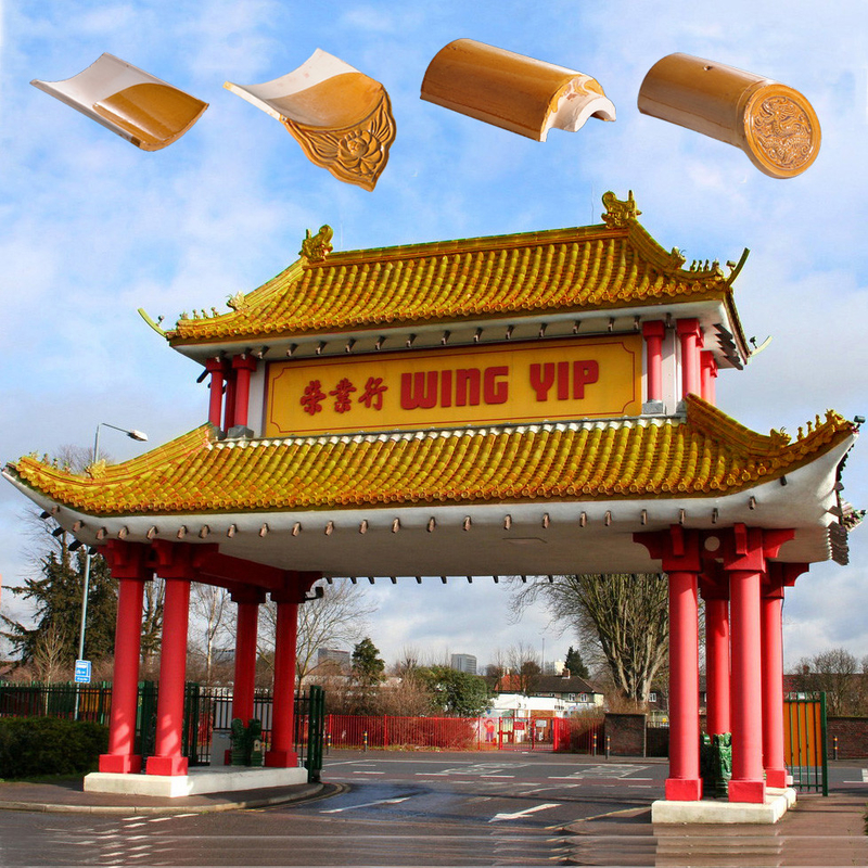 180*180 Porte de l'arche du temple chinois de style rétro Faux Carreaux de toit en argile céramique pour la structure en béton