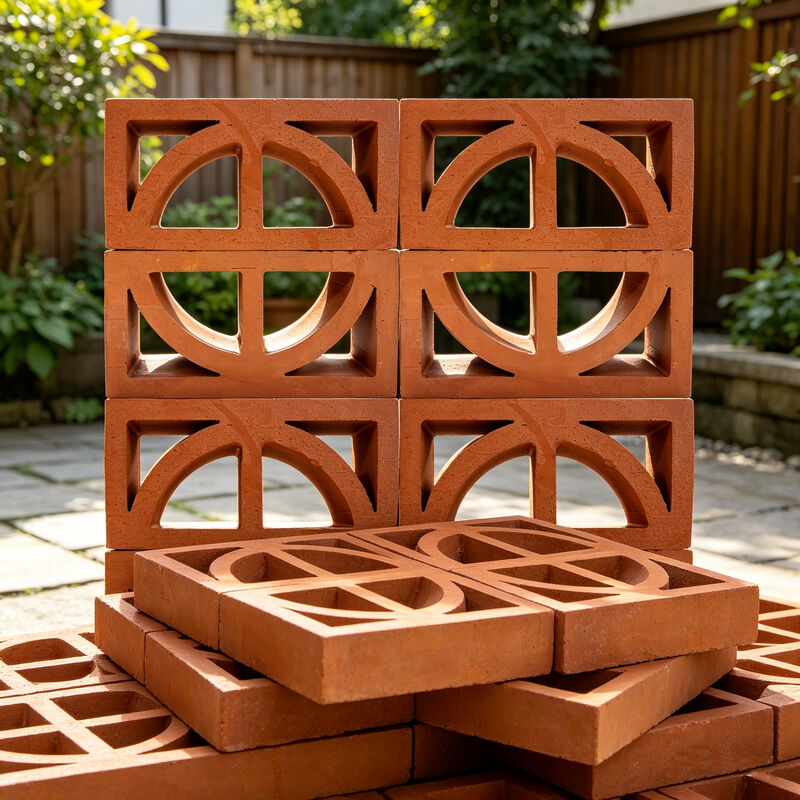 Bloc de ventilation en terre cuite naturelle, bloc de brise décoratif en argile rouge avec découpe en demi-cercle pour façades de murs d'intimité de jardin