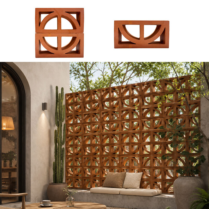 Bloc de ventilation en terre cuite naturelle, bloc de brise décoratif en argile rouge avec découpe en demi-cercle pour façades de murs d'intimité de jardin