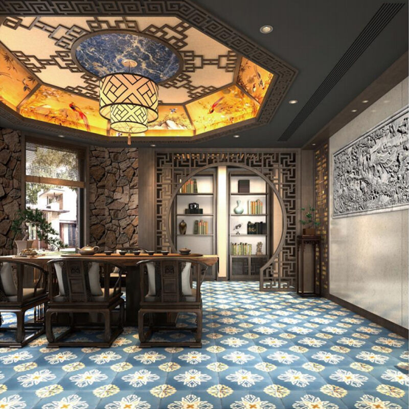 200x200mm Handmade Blue Floral Cement Tile Encaustic Tile for Kitchen Backsplash Bathroom Floor Non-slip for High Traffic Areas