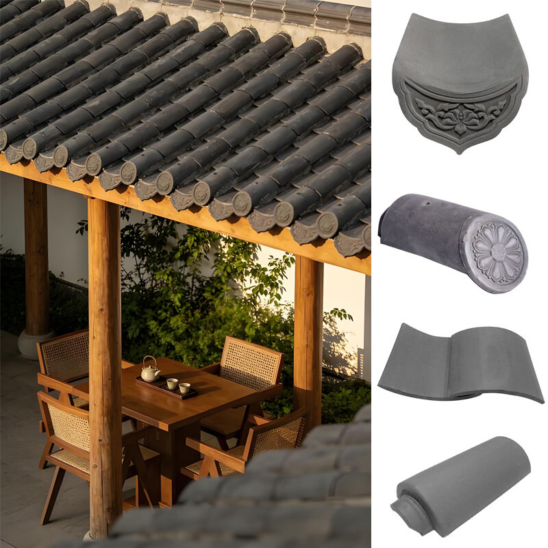 Ensemble complet de tuiles de toit chinoises en céramique grise, tuiles de avant-toit décoratives et tuiles de barillet pour l'architecture paysagère extérieure de maison de thé