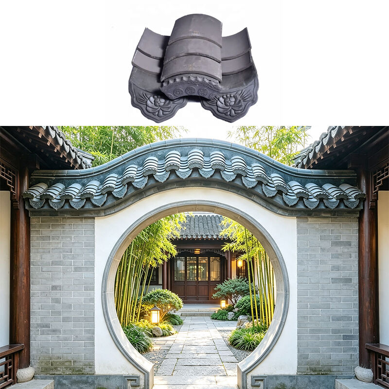 Ensemble de tuiles de toit asiatiques antiques grises pour couronnes de murs de porte de lune, tuiles de bord de corniche sculptées pour arches et passerelles de jardin zen
