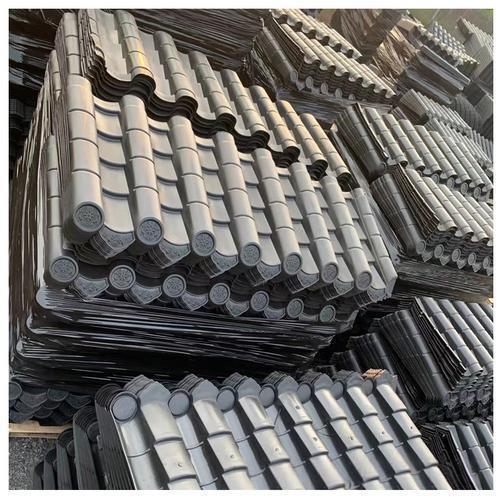 Ornamental Dark Grey PP Asian Wave Roof Panels Antique Synthetic Chinese Barrel Tile Sheeting with Floral Eaves