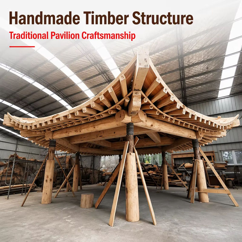 Kit de Pavillon Commercial en Bois d'Épicéa 3m, Gazebo en Bois Asiatique Robuste à Tenon et Mortaise pour Parcs Botaniques Publics et Complexes Hôteliers